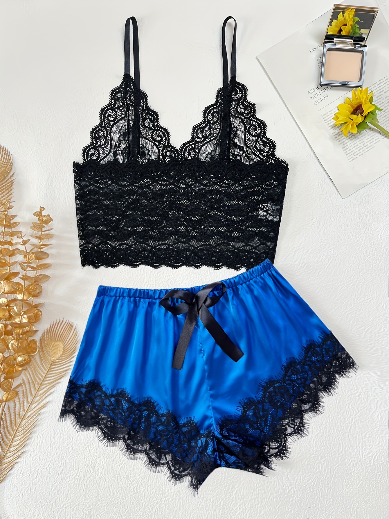 Teal Blue Sexy Satin Lace Cami Set French Knickers Negligee