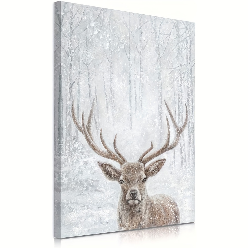 Christmas Canvas Wall Art Framed Wall Decoration Xmas Tree Elk Deer  Reindeer Wall Oil Paintings Snowflake Snow Forest Aesthetic Wall Artwork  Ready to