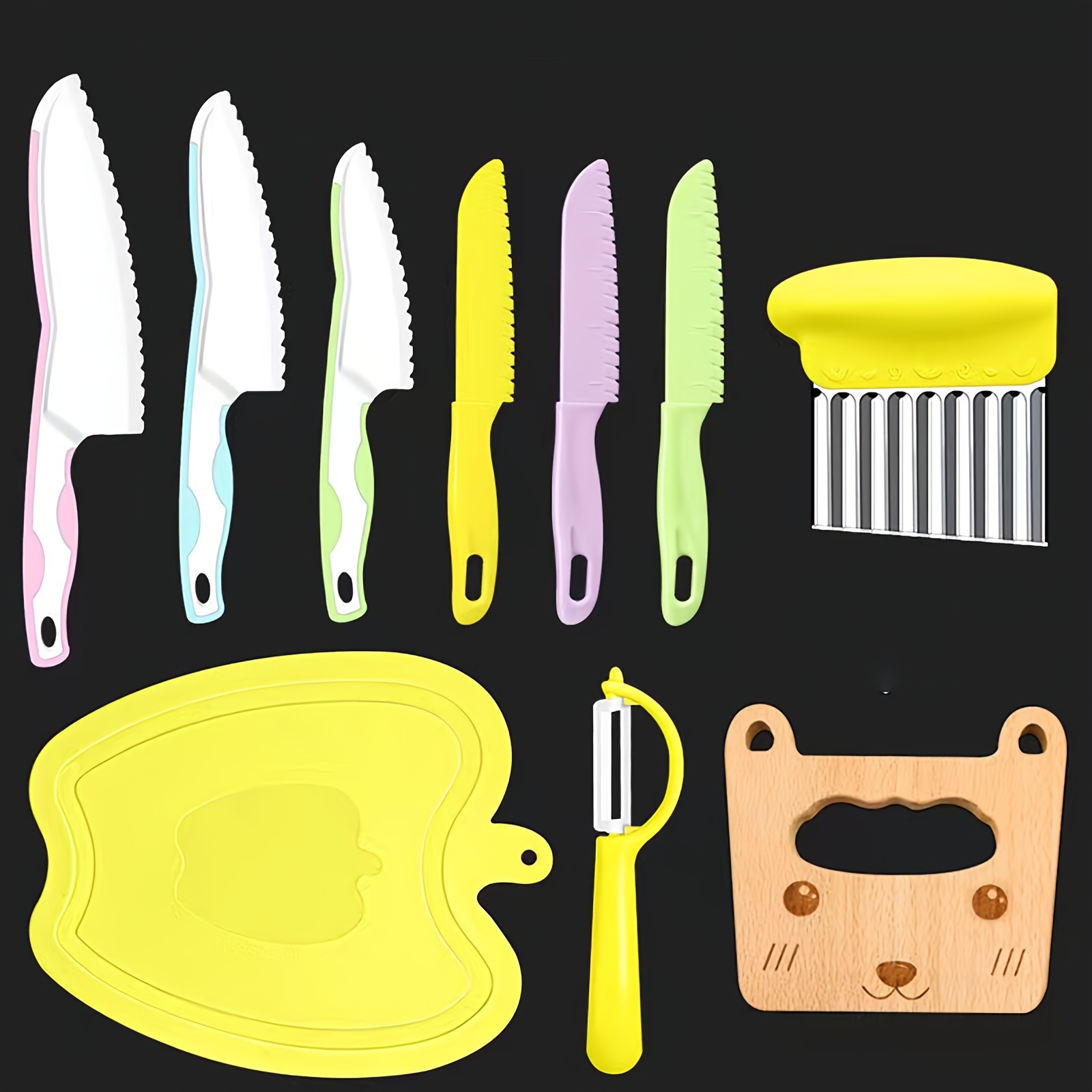  5 cuchillos para niños, cuchillos de cocina seguros para niños,  juego de cuchillos de cocina de plástico para niños con cortador arrugado,  bordes dentados, cuchillos para niños pequeños para cocinar y