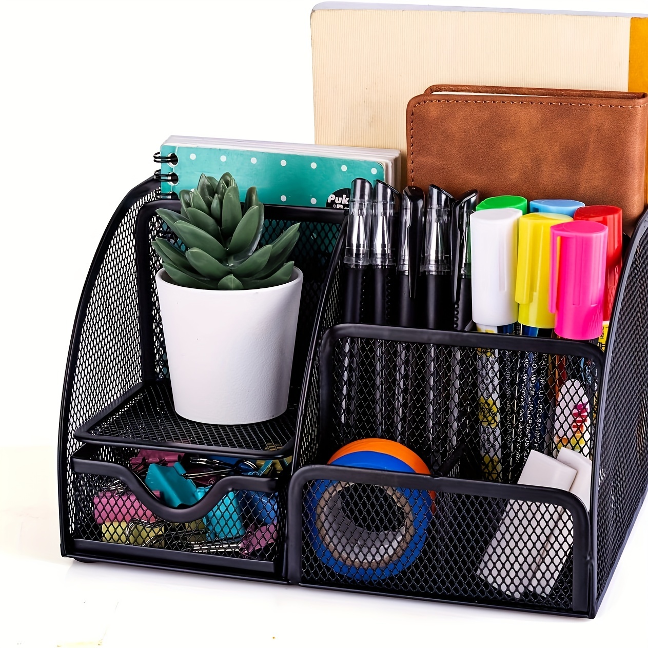  LETURE Organizador de escritorio de oficina con cajón,  suministros de oficina y accesorios de escritorio, tarjeta de visita,  bolígrafo, lápiz, teléfono móvil, caja de almacenamiento (blanco) :  Productos de Oficina