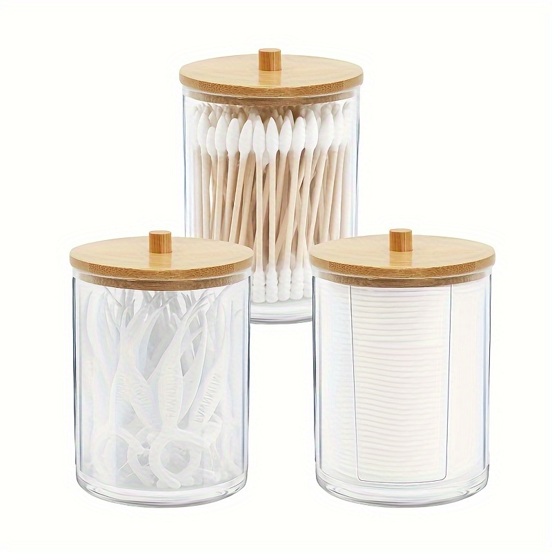 Nyidpsz Cotton Ball Organizer 2pcs Cotton Swab Holder with Bamboo Lid Tray  Glass Bathroom Storage Jar for Bathroom Bedroom Dresser 