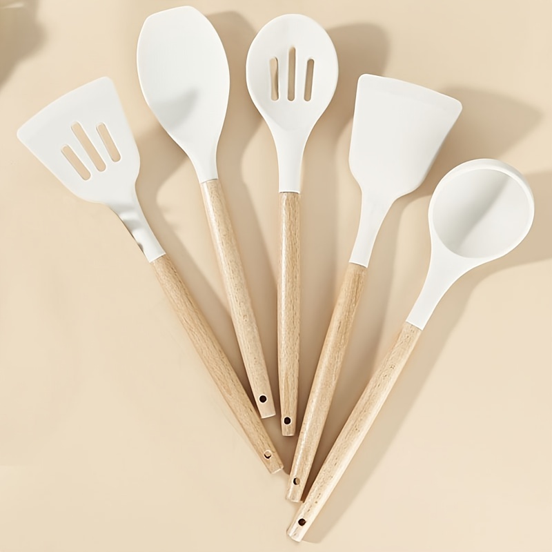 Five14 Utensilios de cocina de silicona blanca, utensilios de cocina  blancos, juego de utensilios de…Ver más Five14 Utensilios de cocina de  silicona