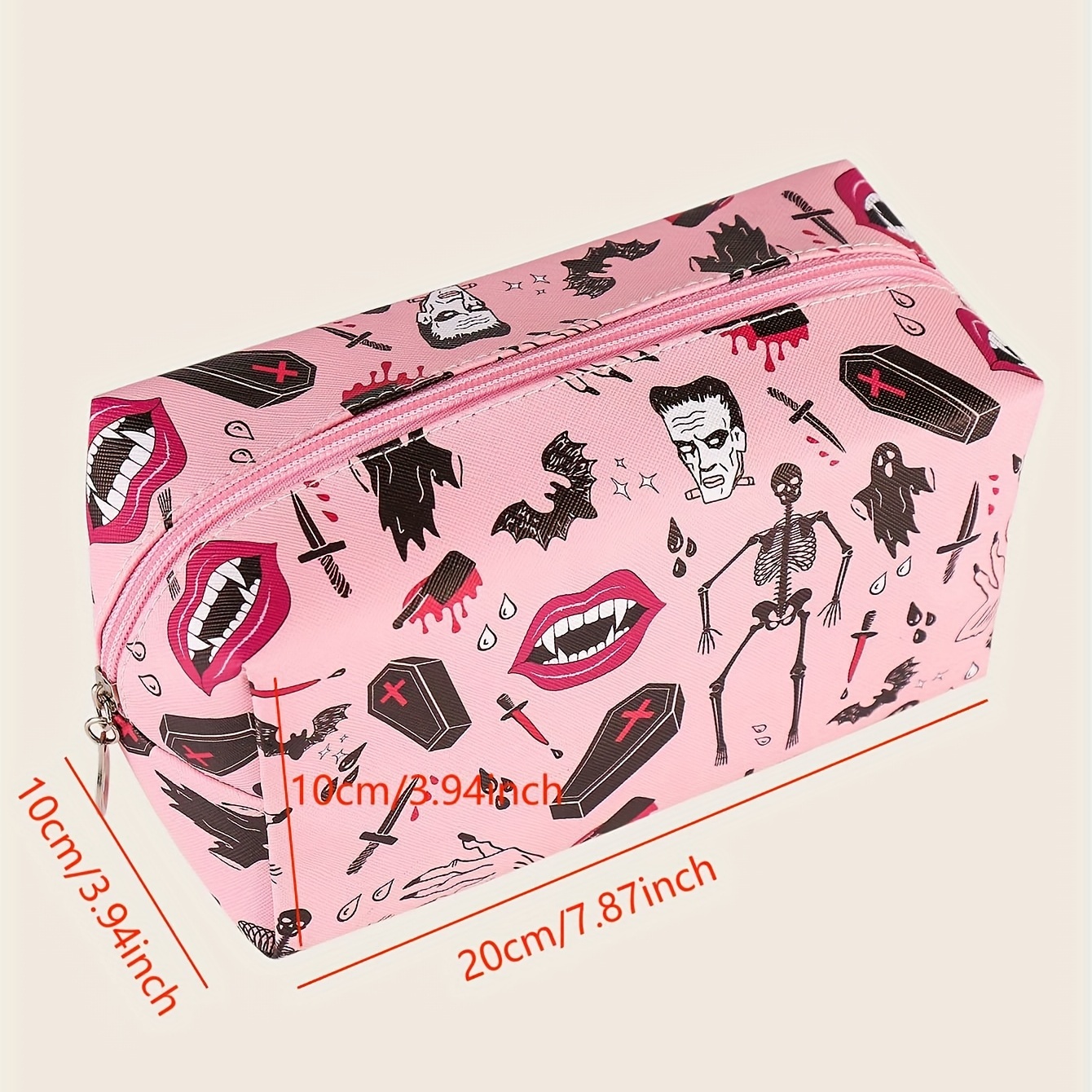 Skeleton Bat Pattern Makeup Bag Pink Square Zipper Pouch
