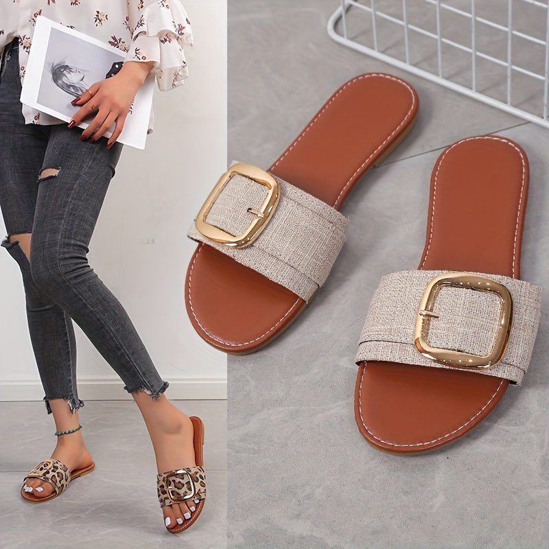 Women's Metal Buckle Decor Slide Sandals Casual Slip Flat - Temu