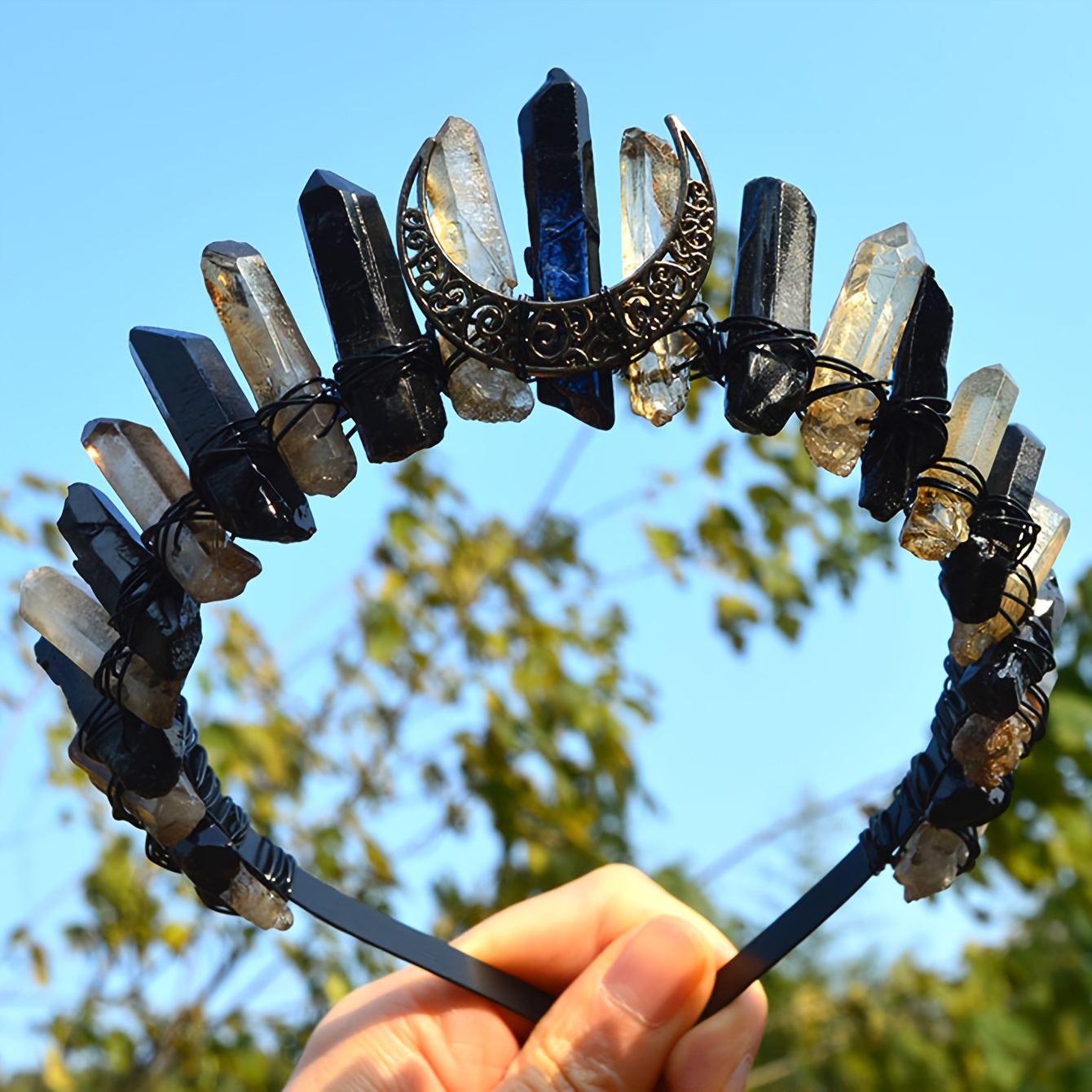 1pc Natural Crystal Plating Black Moon Crown Headband | Our Store