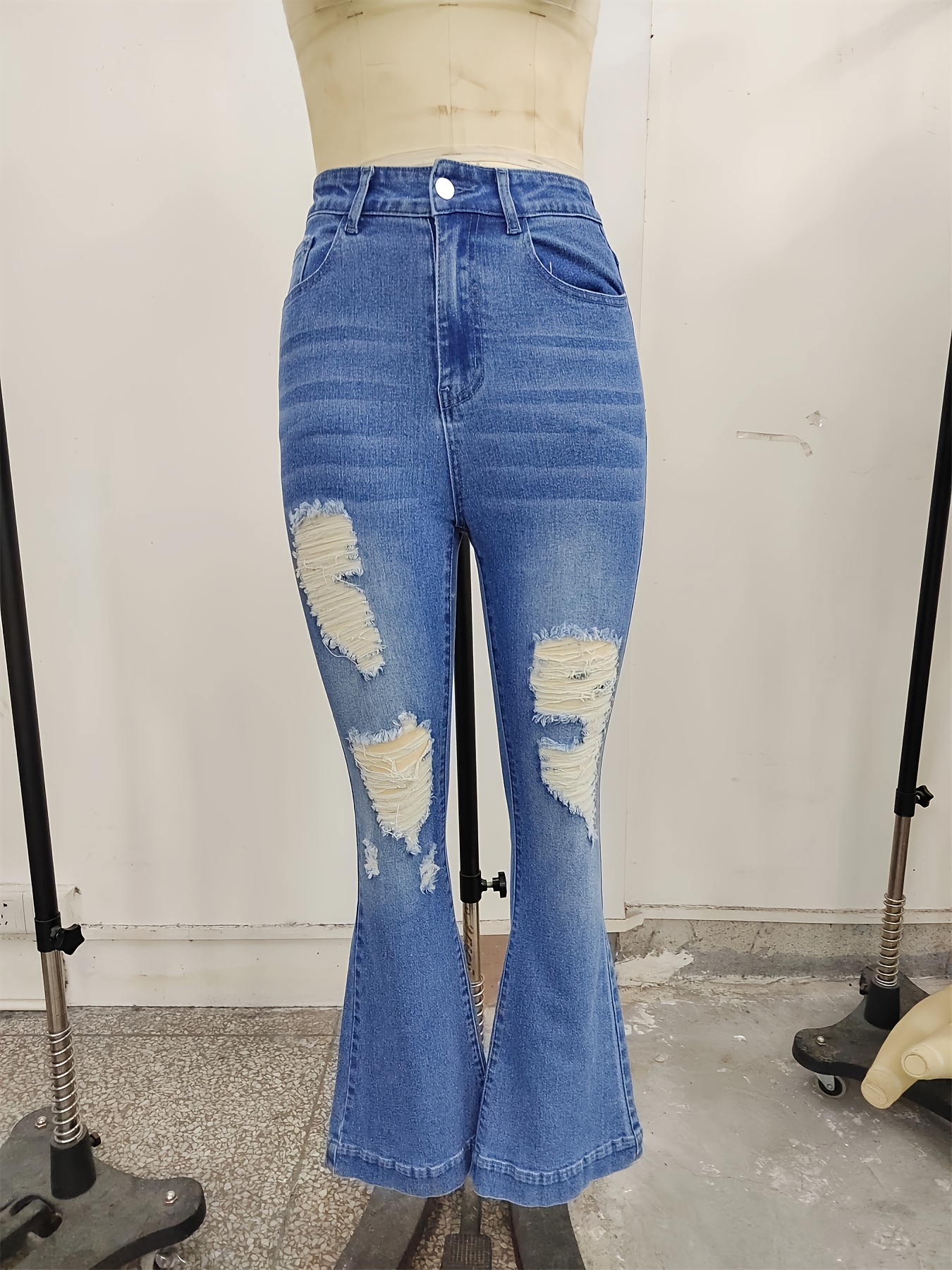 Pantalones Para Mujer De Cintura Alta Jeans Elásticos De Mezclilla  Destrozan Desgastados Flacos Roto pangjing