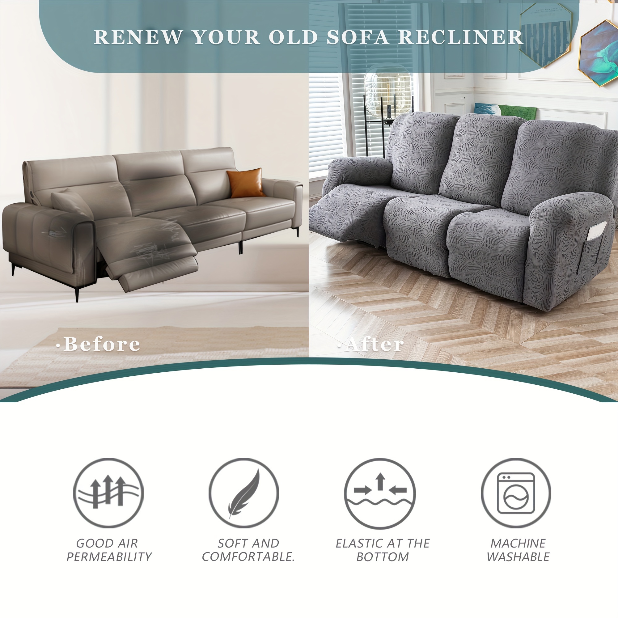 5pcs/Set Recliner Sofa Covers, Sofa Couch Cover for Reclining Couch Seat,  Washable Furniture Protector with Elastic Bottom