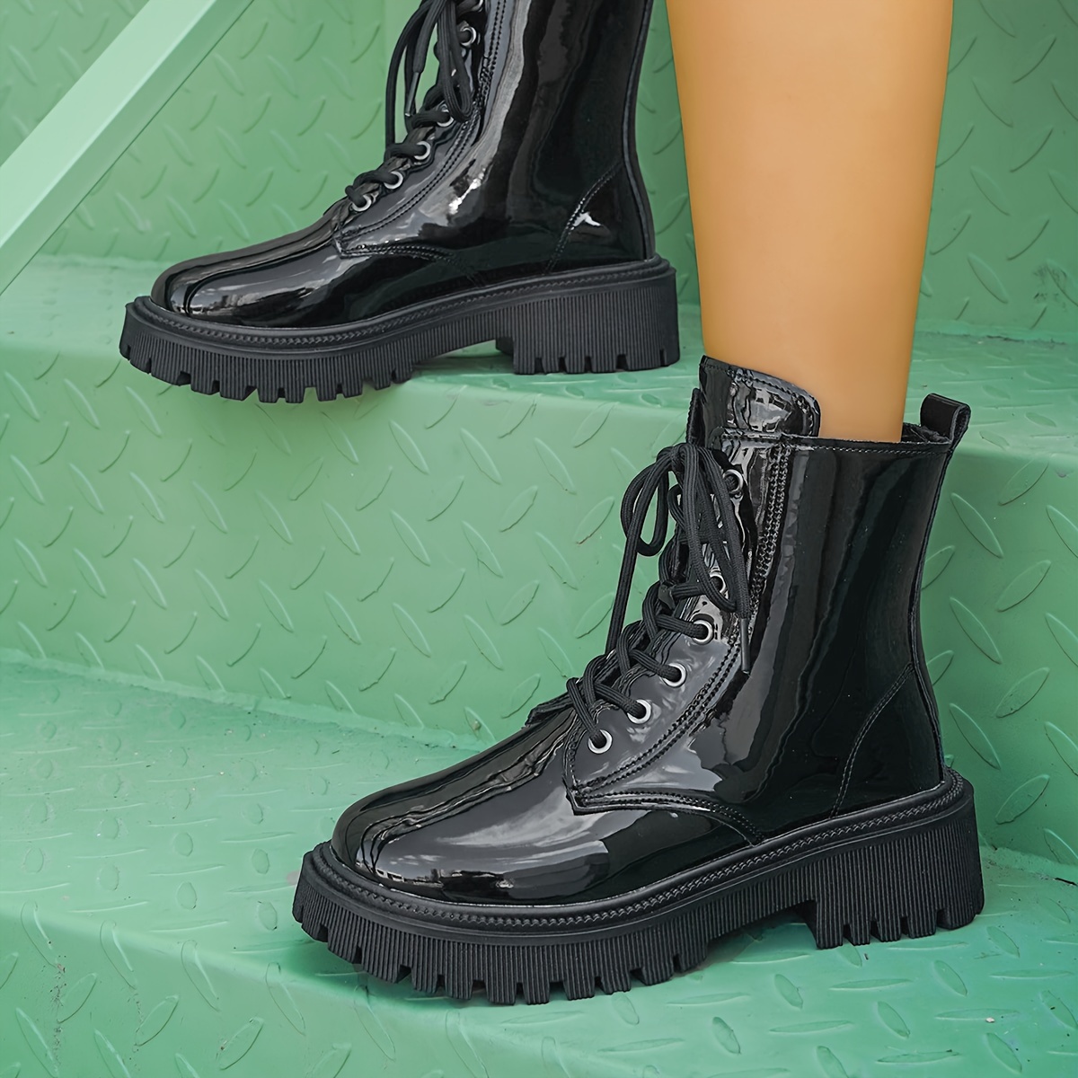 Women's Platform Combat Boots, Round Toe Lace Up Patent Leather Short  Boots, Fashion All-Match Side Zipper Boots