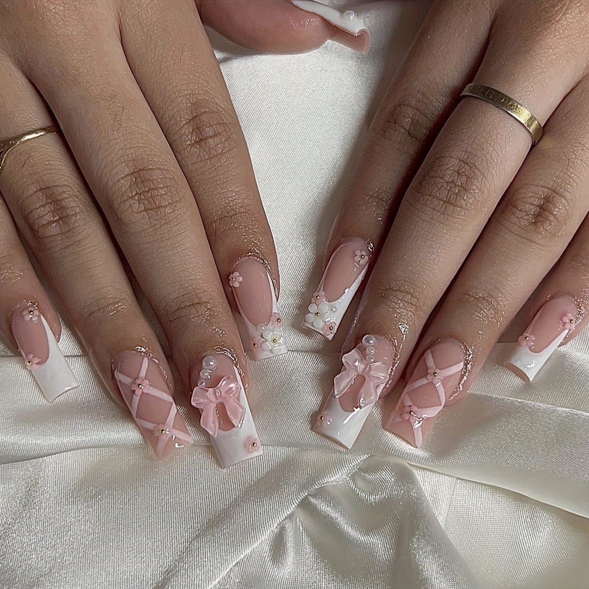 Glossy White French Tip Press On Nails With Exquisite Pearl - Temu