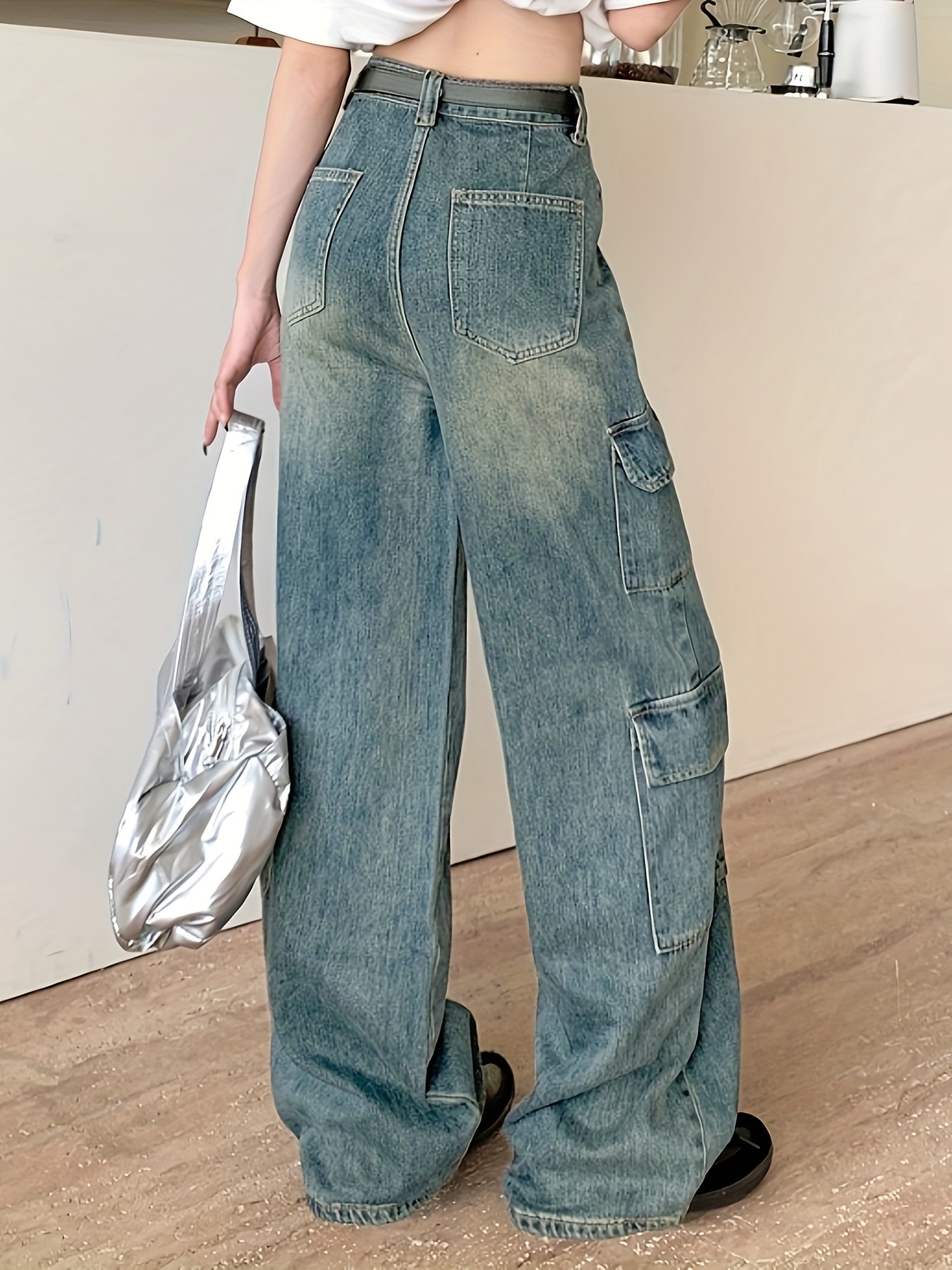 Multi-Pocket Baggy Cargo Pants, Loose Fit Non-Stretch With Belt Straight  Jeans, Y2K & Kpop Vintage Style Women's Clothing & Denim