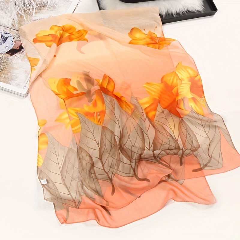 Chiffon Scarf Big Leaf Flower Print Boho Shawl Beach Towel