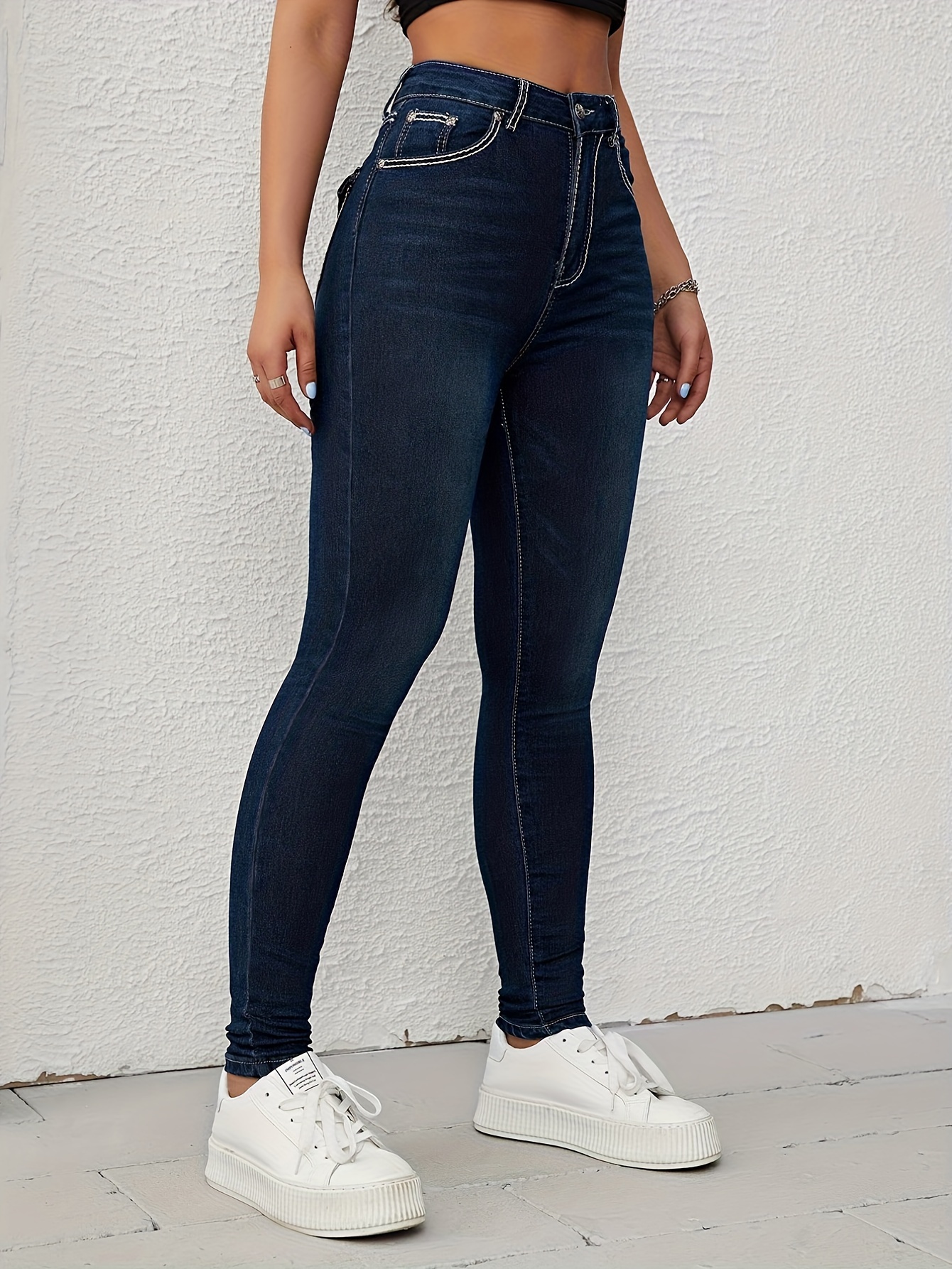 Dark Blue Slim Fit Skinny Jeans Versatile Slash Pockets - Temu