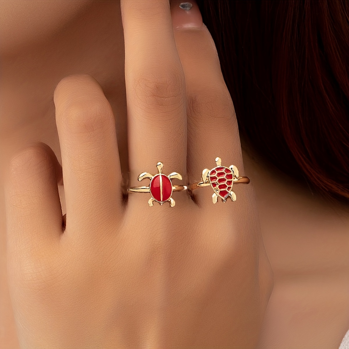 2pcs Lucky Turtle Adjustable Cuff Ring Set