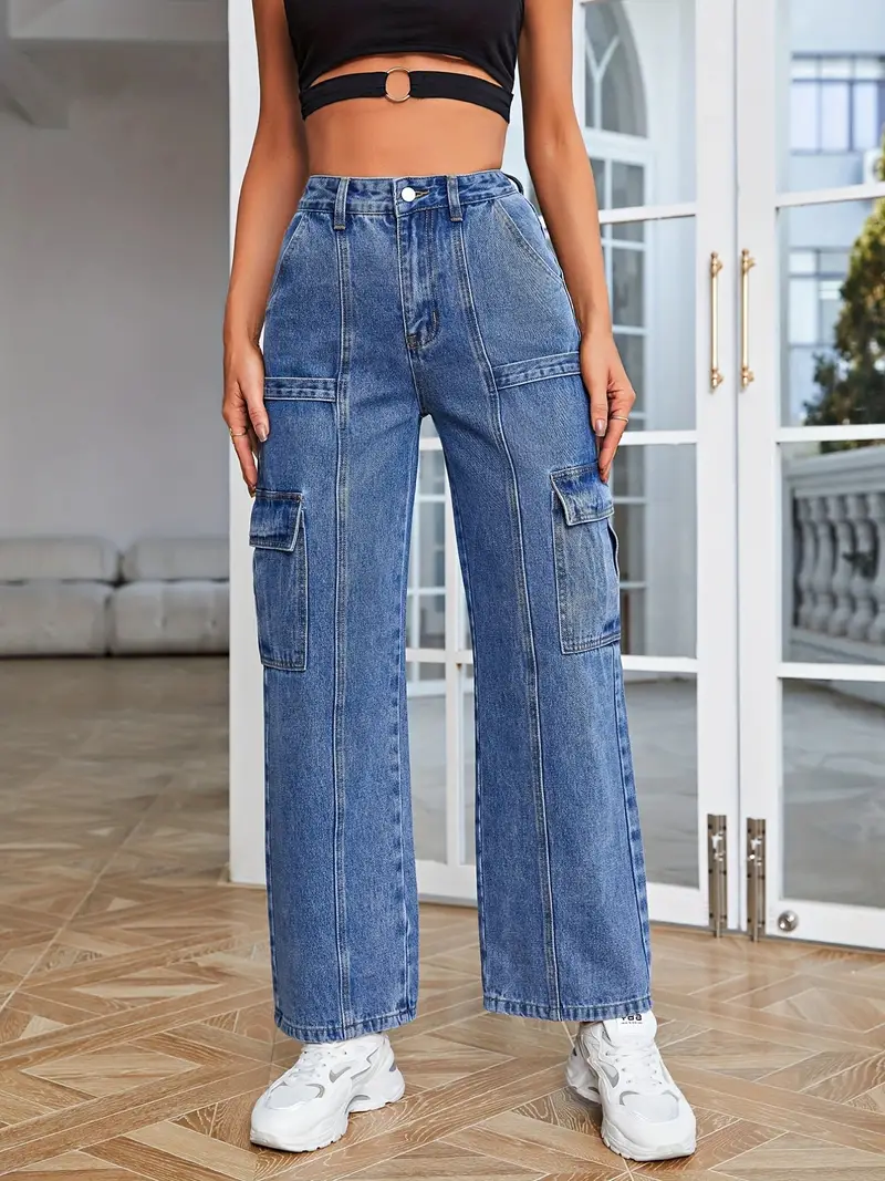 Side Flap Pocket High * Cargo Jeans, Multi-pocket Washed Blue Straight  Casual Streetwear Denim Pants, Kpop Y2k, Women's Denim Jeans & Clothing