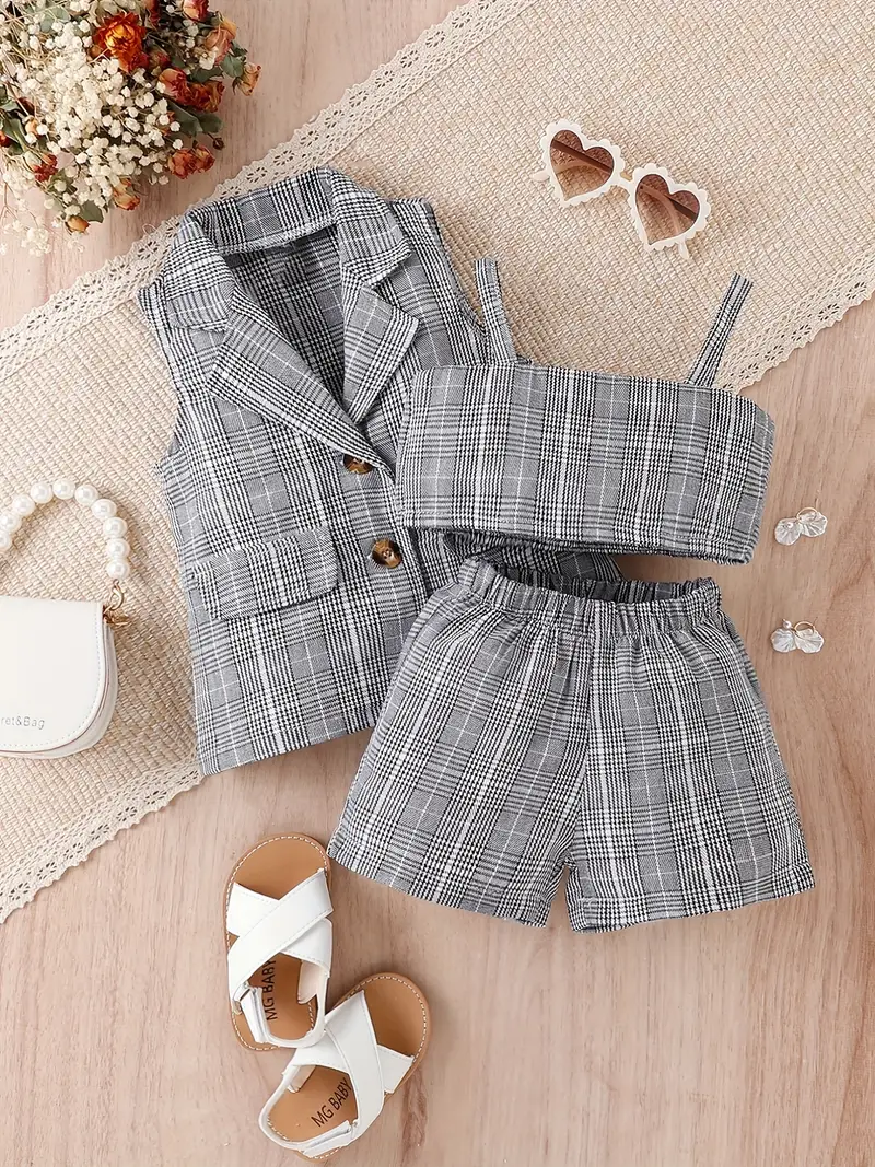 Baby Girls Plaid Camisole Top Shorts Set Clothes - Temu