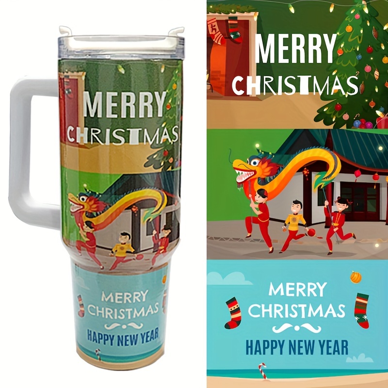 Christmas Theme Printed 40oz Double Wall Stainless Steel Vacuum Tumbler  With Handle - Screw On Matching Lid With Contrast Grip Featuring 3  Positions (Straw, Wide Mouth & Full Cover) - Sturdy Handle (