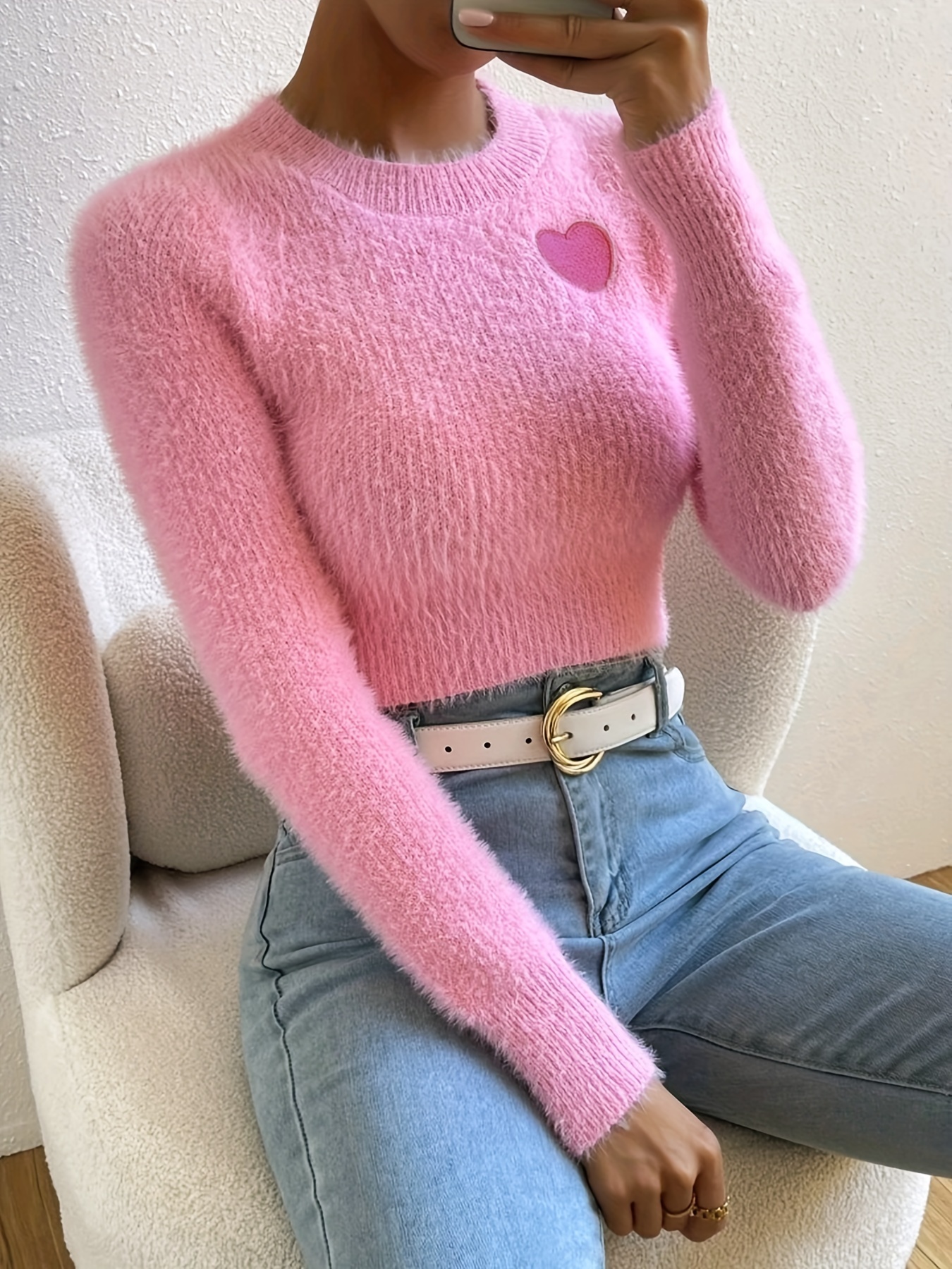 Heart Pattern Knit Sweater Casual High Neck Long Sleeve - Temu