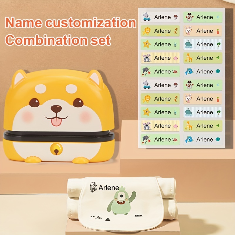 

School Set (1pc Yellow Dog Stamp And 60 Pcs Stickers)custom-made Student Name Stamp Diy For Student Name Seal Student Clothes Chapter Not Easy To Fade Security Name Clothes