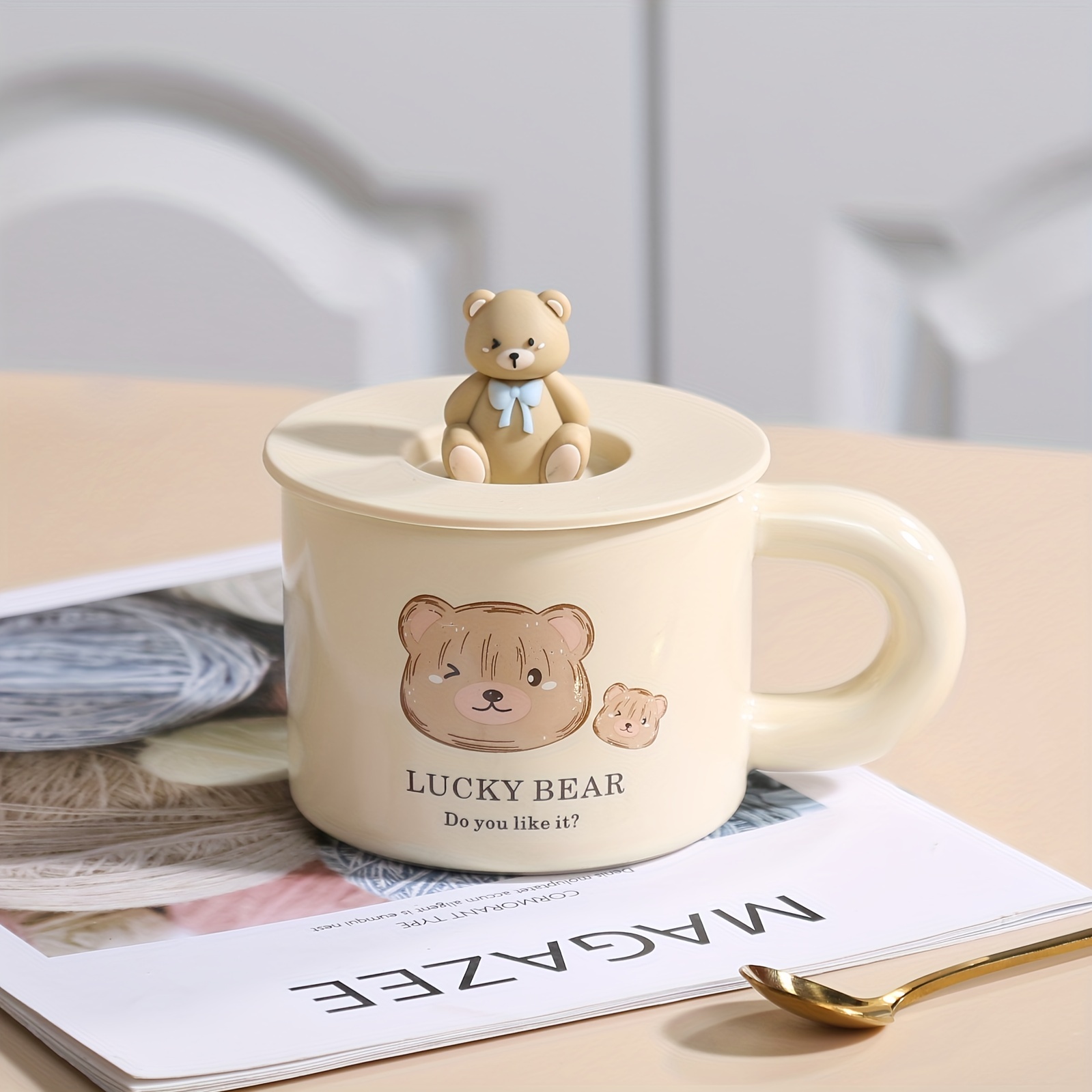 Home And Aesthetics Coffee Mug With Bear Lid And Spoon - Temu