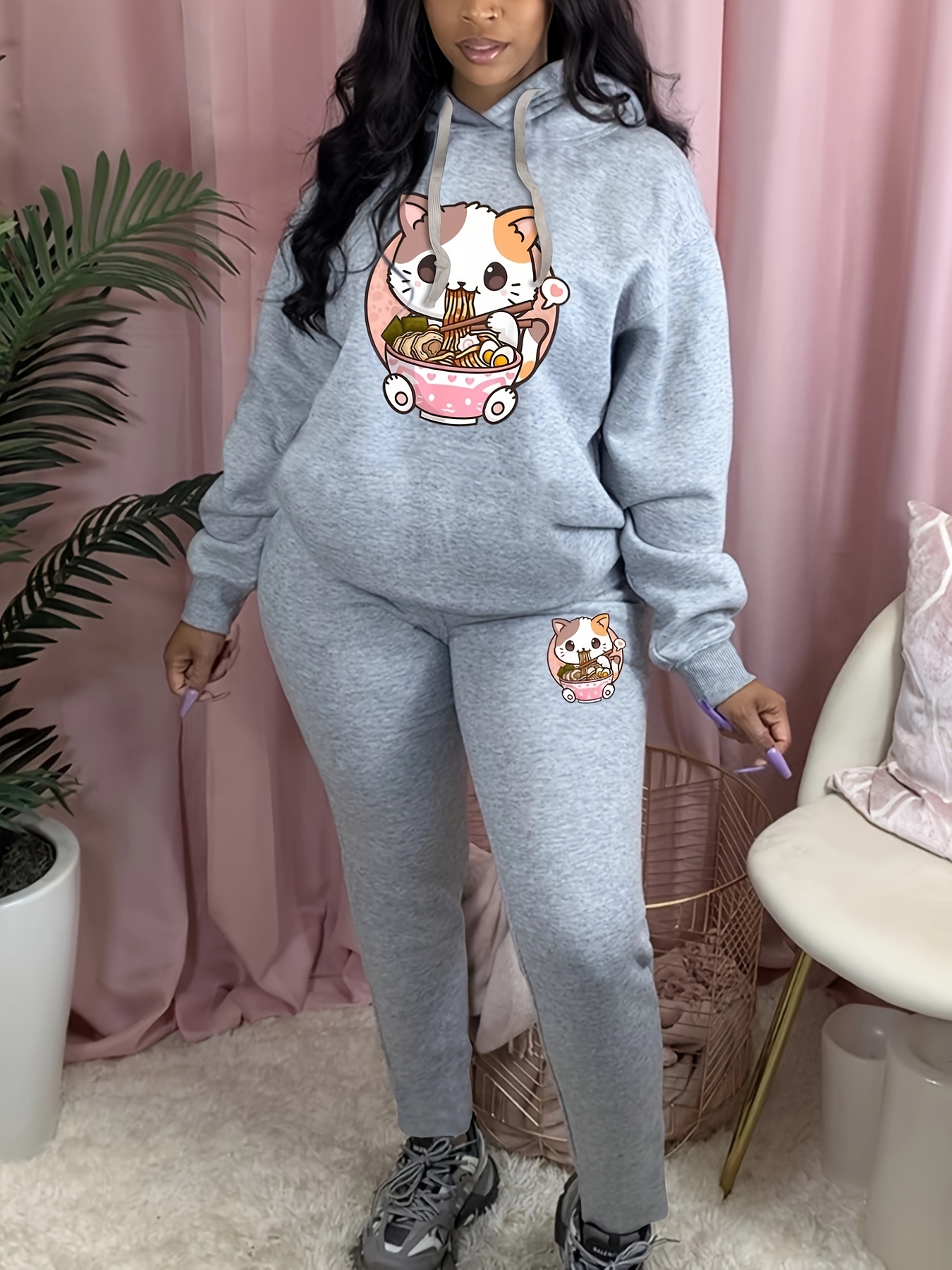 Plus Size Casual Outfits Set Women's Plus Cute Cat Eating - Temu