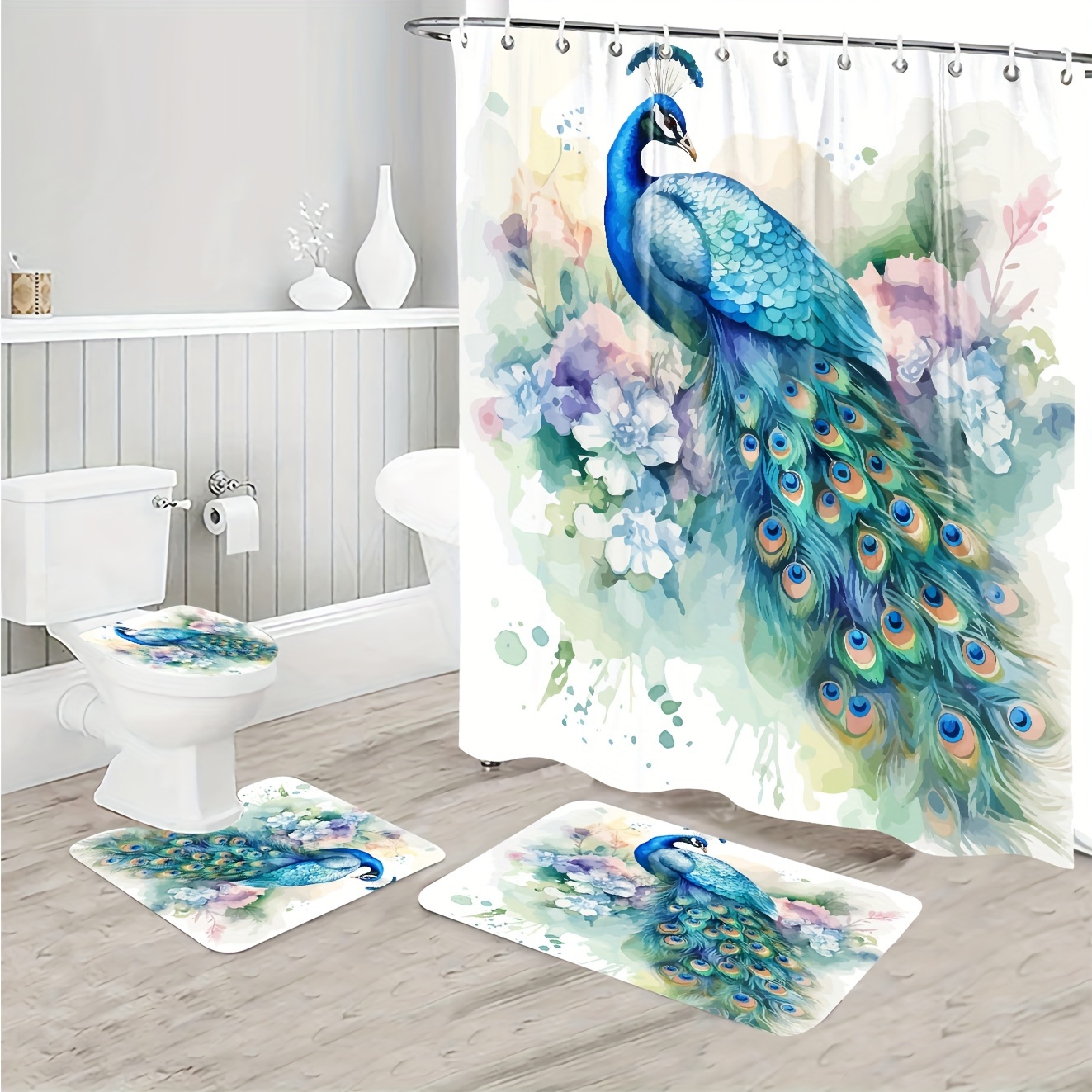 Farmhouse Fish 4Pcs Bath Set Home Decor, Bathroom Waterproof Shower Curtain  with Hook, Large Runner Rugs, Toilet Lid Cover and U-Shaped Bath Mat