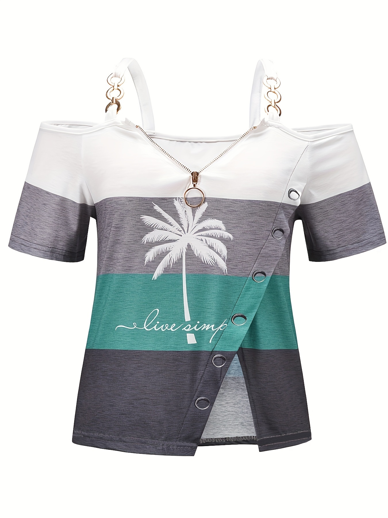 Coconut Tree Print Colorblock Zip Front T-Shirt, Casual Cold Shoulder Short  Sleeve Top For Spring & Summer, Women's Clothing