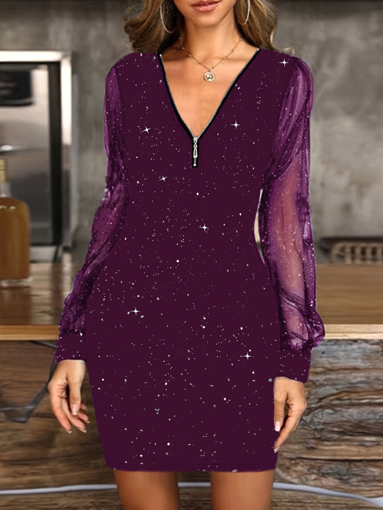 Contrast Mesh Zip Dress Elegant Long Sleeve Bodycon Dress - Temu Portugal