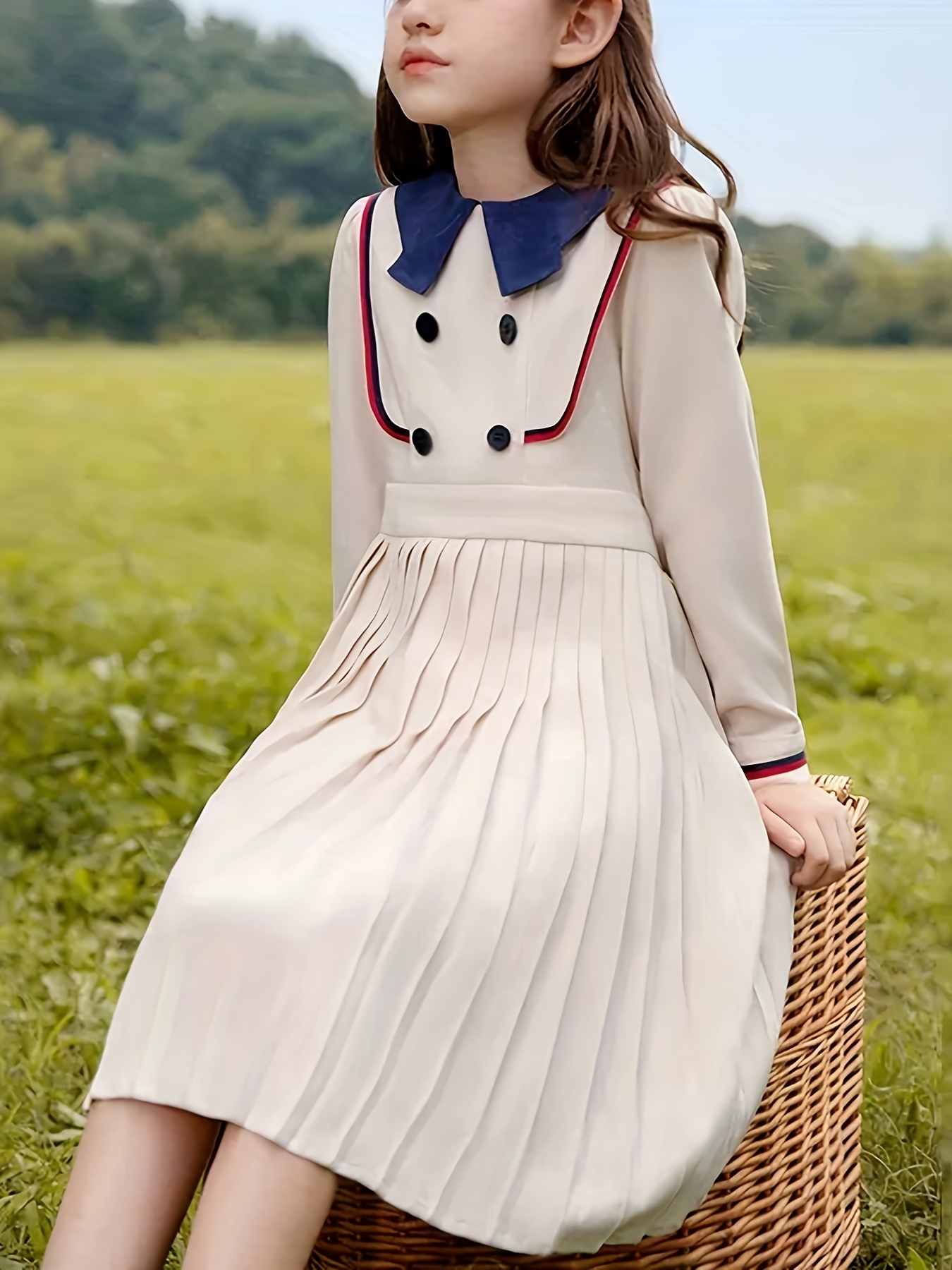 Preppy Style Button Decor Long Sleeve Collar Dress Kids Clothes For Girls  Spring Fall Party Gift