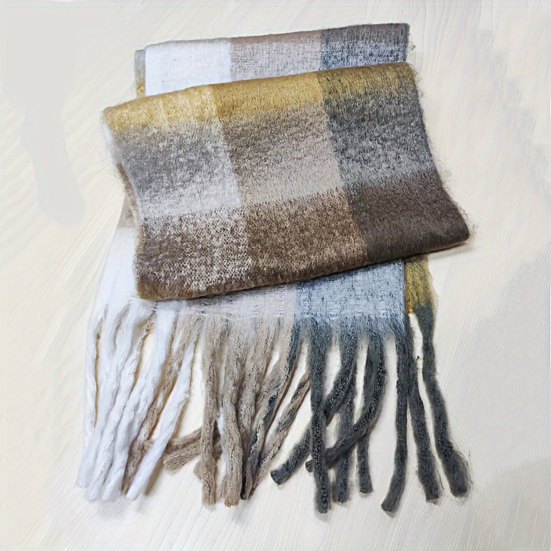 1pc Faux Cashmere Plaid Scarf With Tassels, Warm, Fashionable