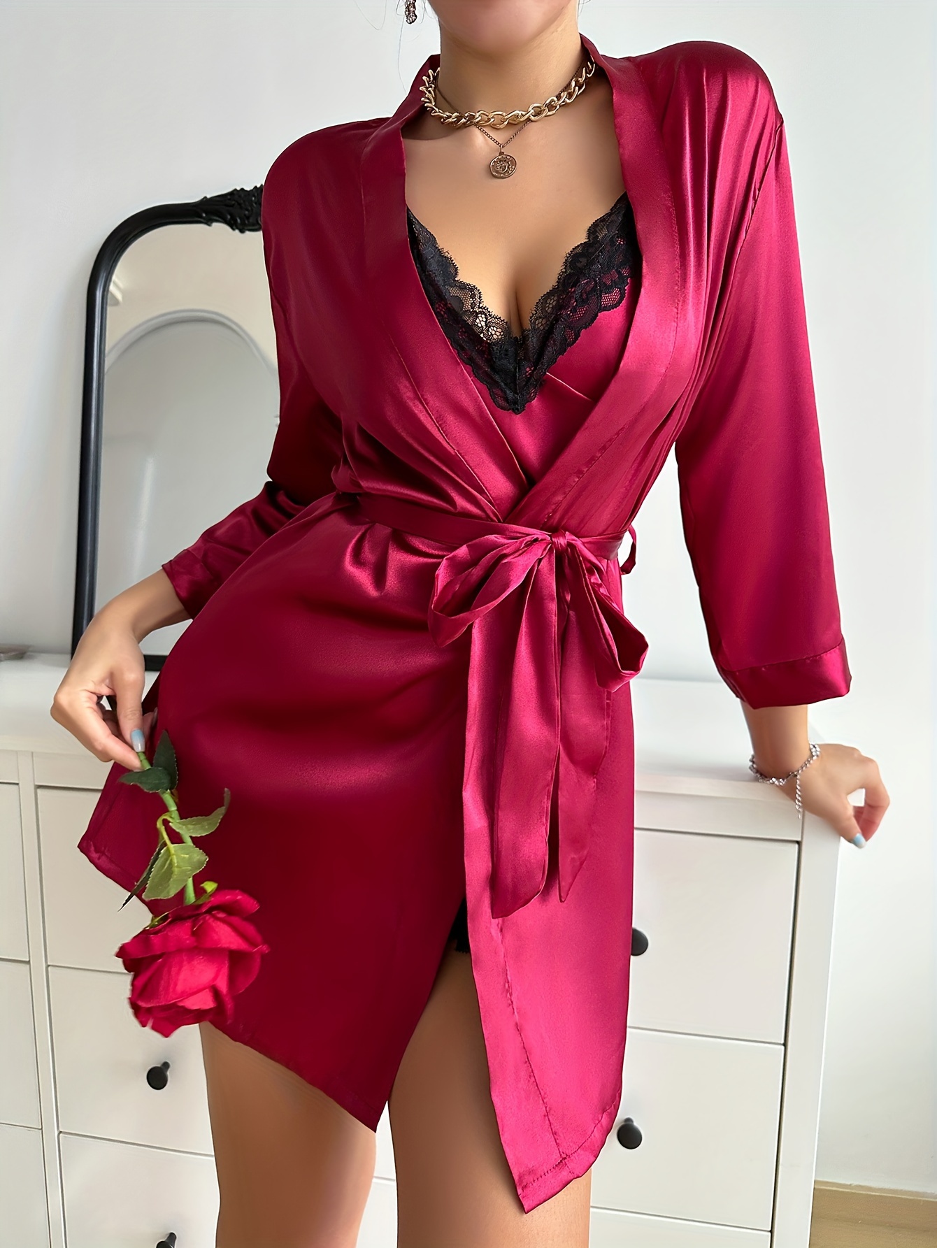 Contrast Lace Pajama Set Sleeveless Belted Robe V Neck Slip Dress Sexy  Sleepwear for Women - AliExpress