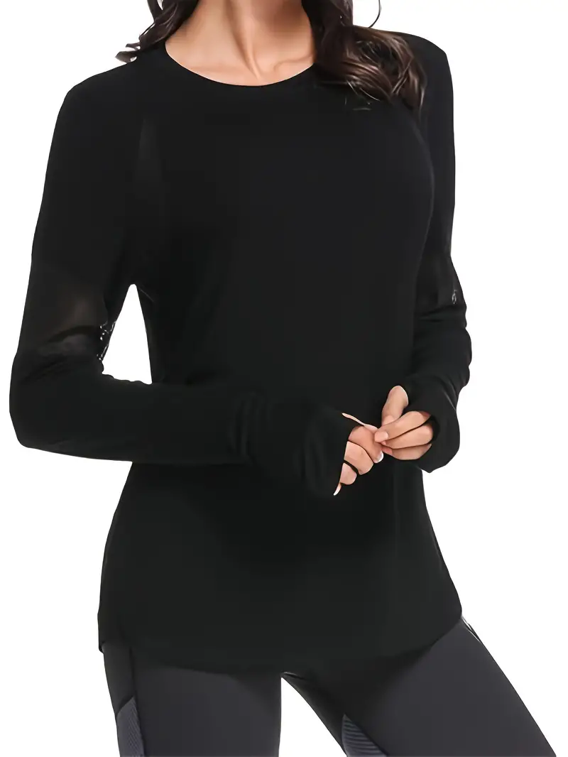 Women's Sports Top, Plus Size Long Sleeve Mesh Contrast Thumb Holes Plain  Black High Stretch Round Neck Fitness T-shirts Top