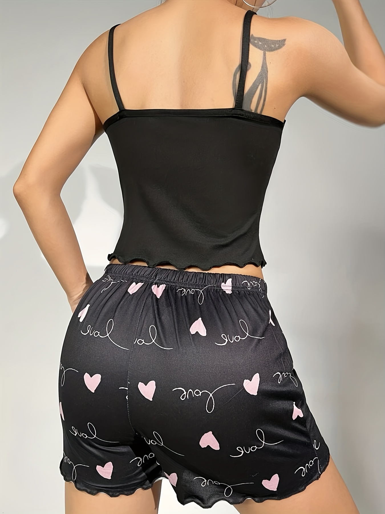 Women's 2 Piece Pajamas Set Heart Print Lace Cami Shorts Suit PJs