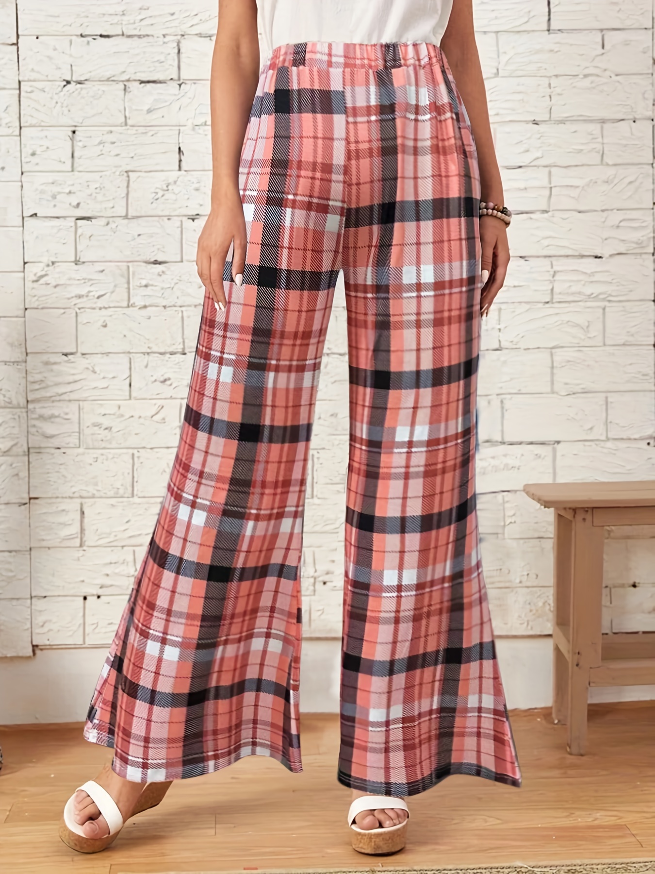 Plus Size Casual Pants Women's Plus Plaid Print Elastic Wide - Temu
