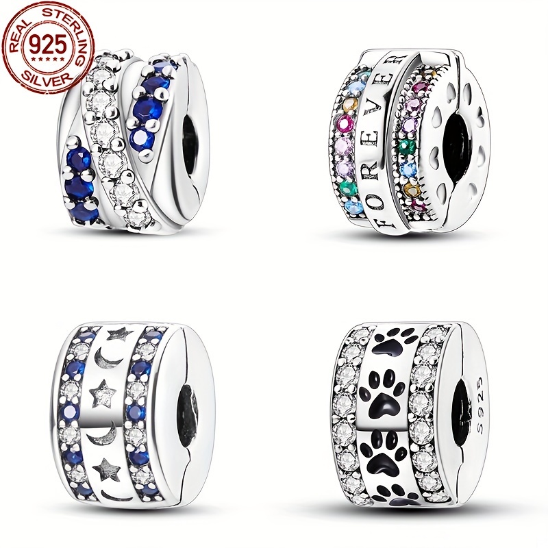 

1pc S925 Sterling Silver Inlaid Colourful Zirconia Claw Print Star And Moon Fixing Clip 3mm Suitable For Original Bracelets And Bangles Suitable For Ladies Birthday Fine Jewelry Gifts (silver 3 Grams)