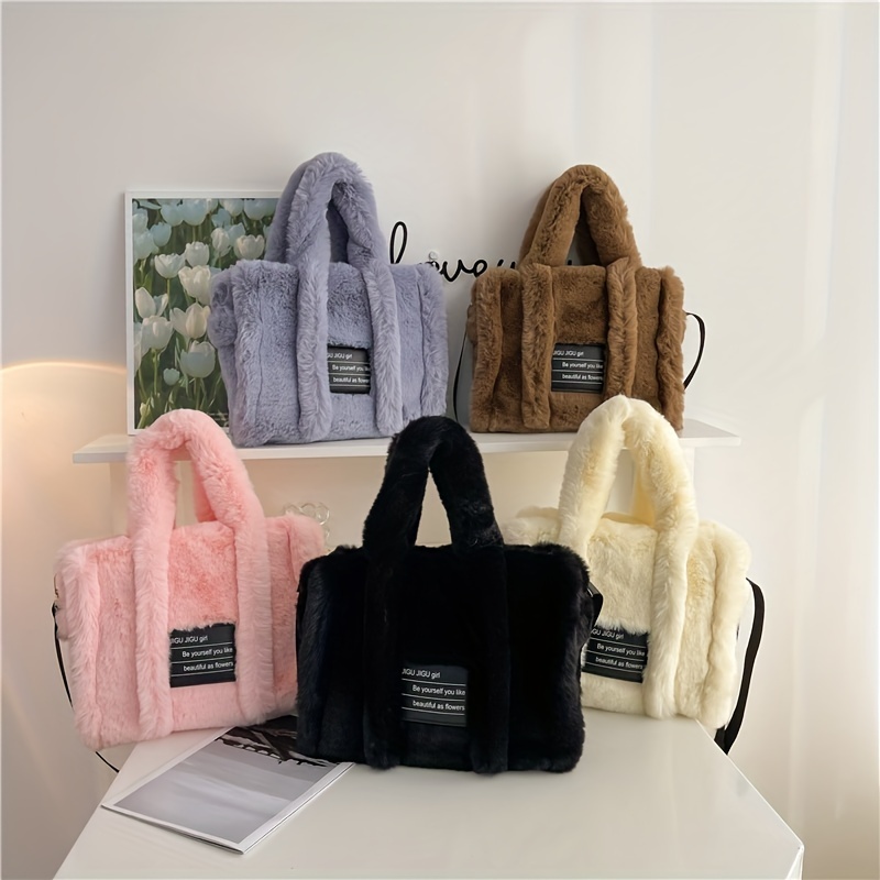 Fuzzy, Soft, Plush, Large Capacity Letter Patch Fluffy Tote Bag For Girls,  Women, College Students, Rookies & White-collar Workers For Work, Office,  Commute, For Autumn & Winter, Warm Winter, Outdoors