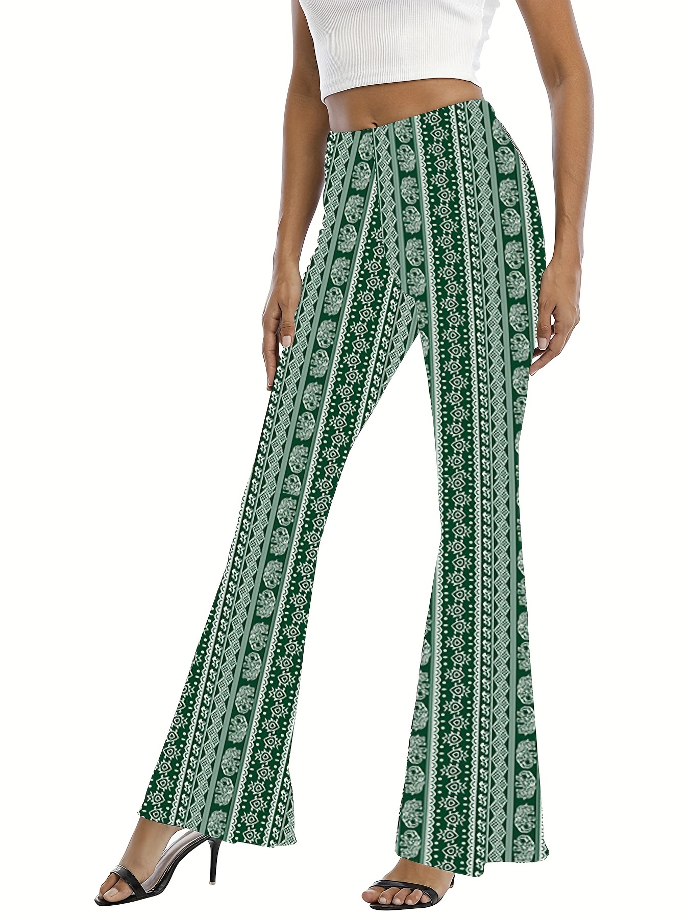 Flared Pants - Dark green/patterned - Ladies