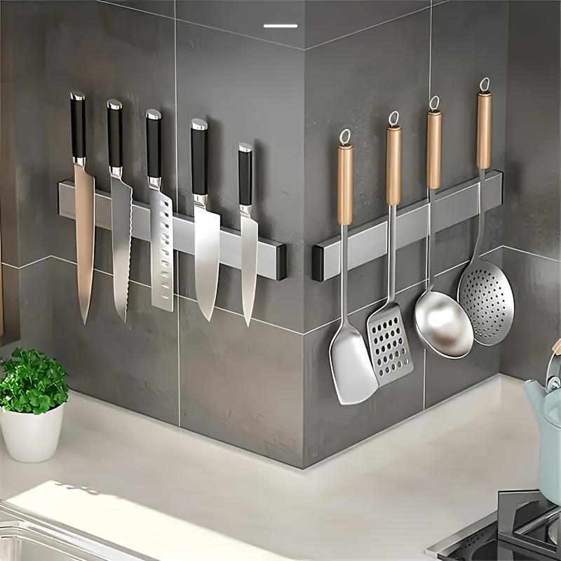 

1 Stainless Steel Magnetic Knife Holder - Sleek Wall-mounted Kitchen Storage Solution, Home & Commercial Use, Features Multiple Hooks For Utensils, , Kitchen Knife Holder