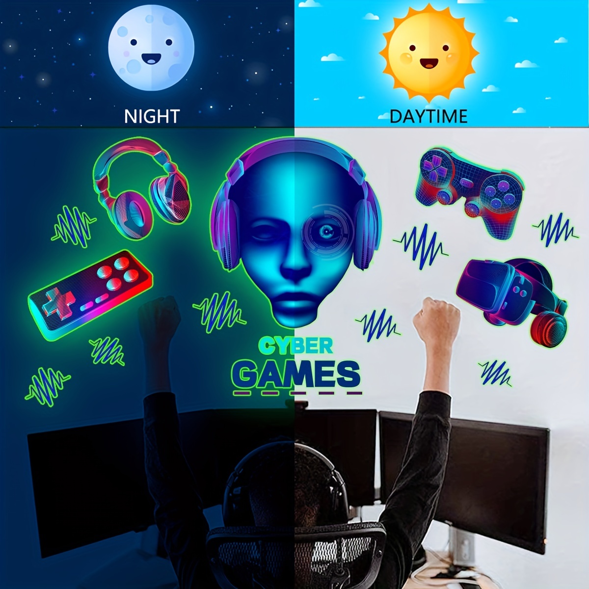 Sticker mural Gamer 3D autocollant lumineux pour chambre d'enfant