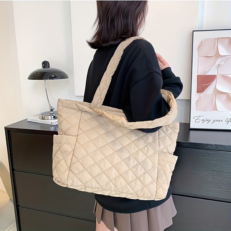 Puffer Quilted Tote Bag For Women, Large Capacity Shoulder Bag, Lightweight  Padded Handbag With Zipper - Temu