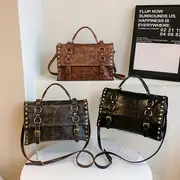 retro rivet decor handbag literary pu leather crossbody bag simple large capacity briefcase bag details 7