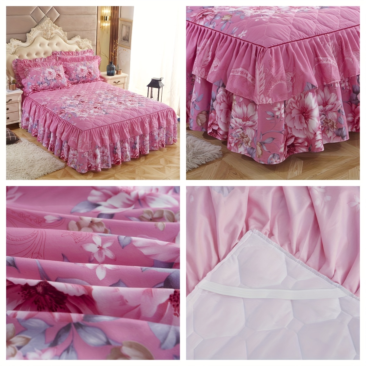 3pcs contemporary floral bed skirt set machine washable   double layer full wrap anti slip mattress protector woven polyester 90g fabric weight details 4