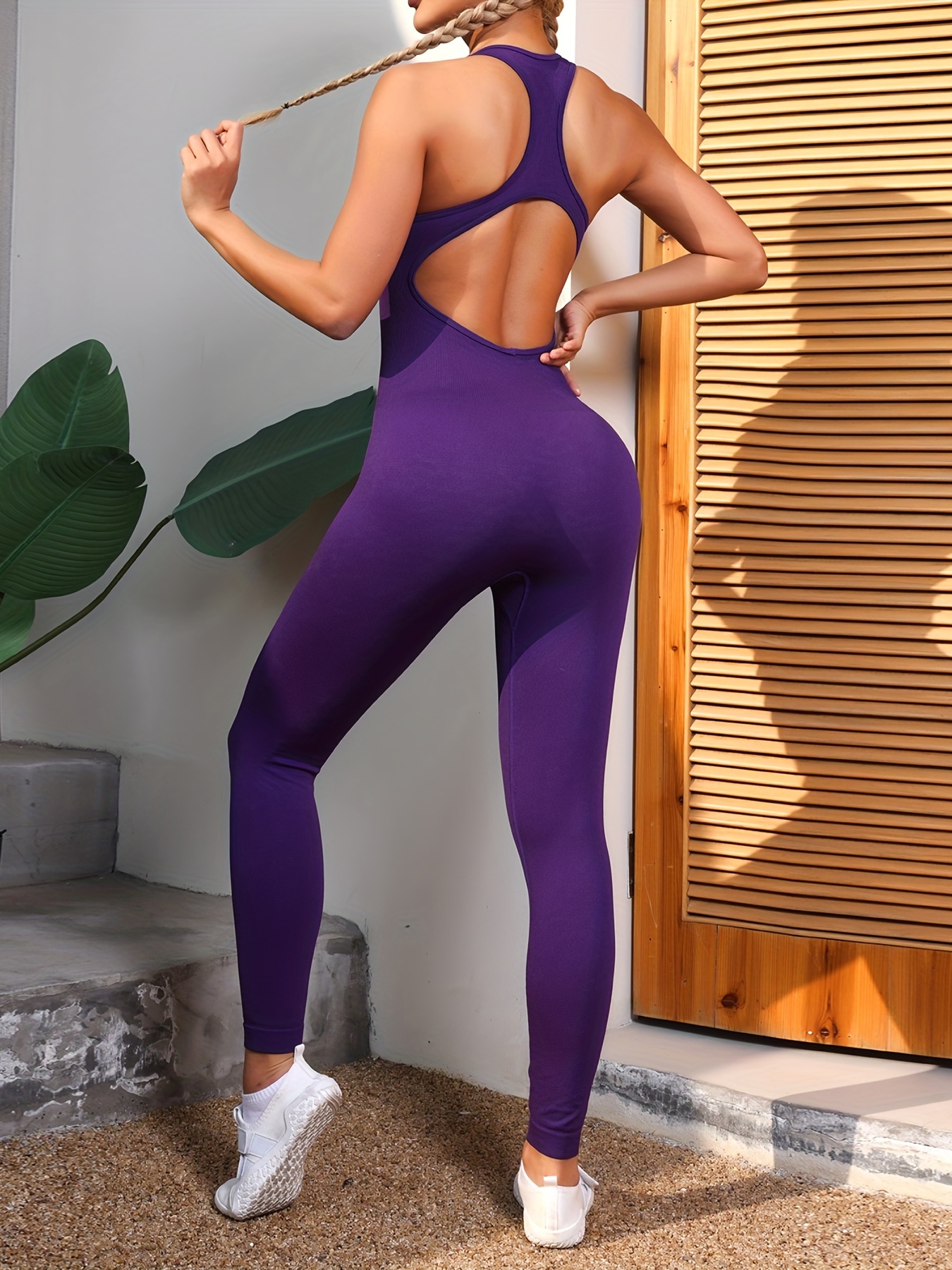 Solid Color Quick Drying Hollow Back Sports Jumpsuit Workout