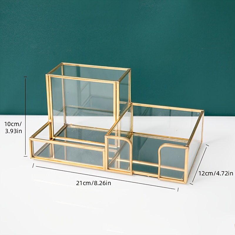 Office Desk Storage Box With 3 Compartments, Office Desktop Organizing Bracket, Metal Glass Stationery Storage Box, Can Hold Pencils, Markers, Pens, Notes, Cosmetics