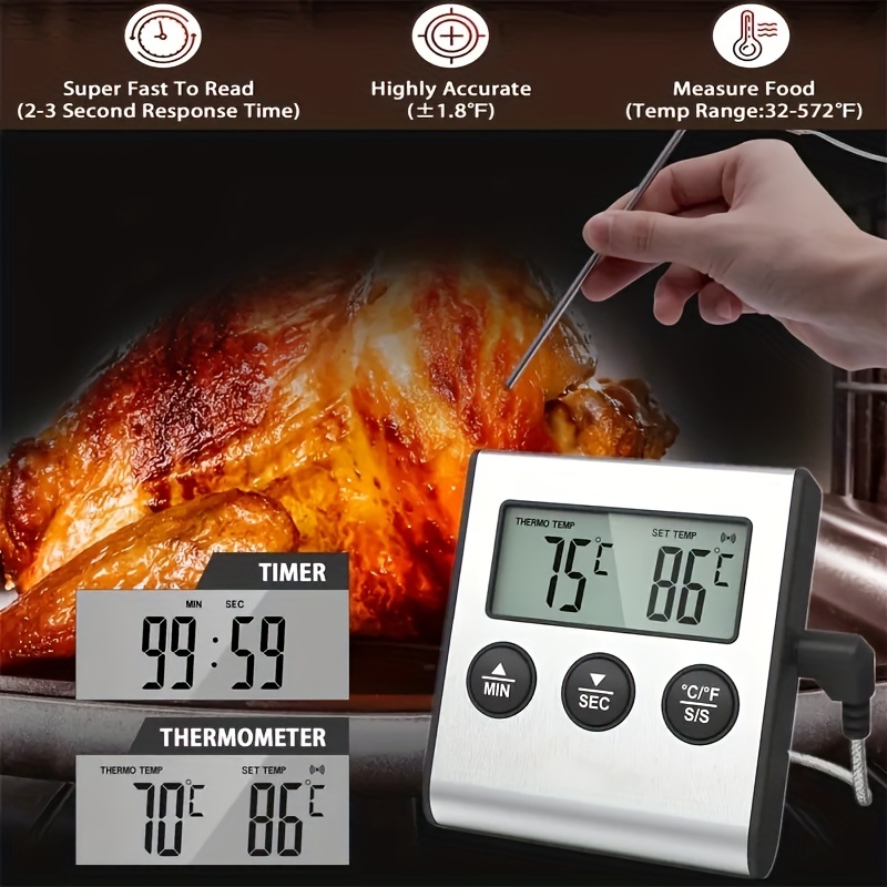 TP700 Mini Digital Thermometer Kitchen Meat Temperature Meter Timer Alarm  for Oven BBQ Grill Cooking with Stainless Steel Probe