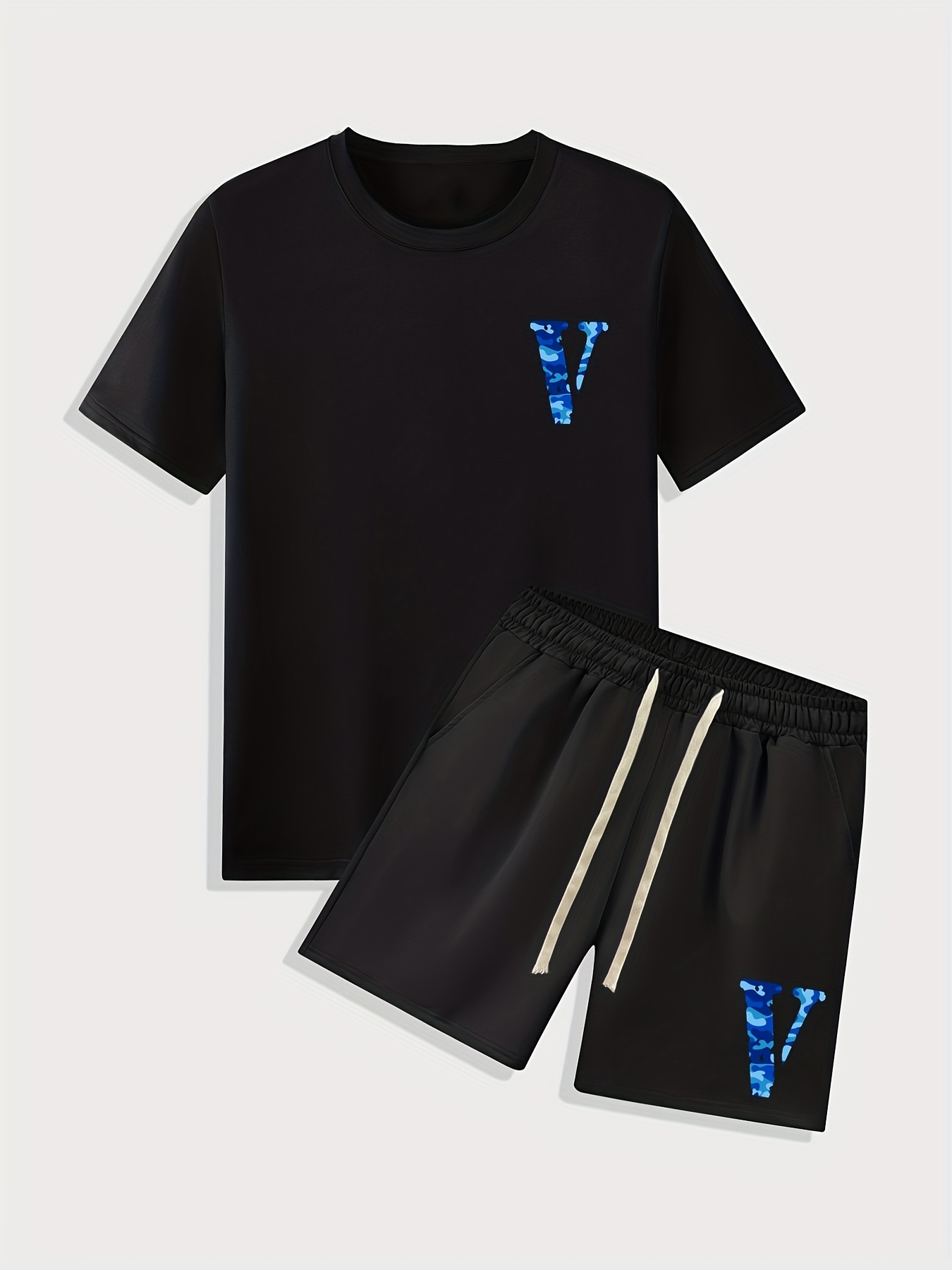 Letter ''v'' Print, Men's, Casual T-shirt And Loose Drawstring