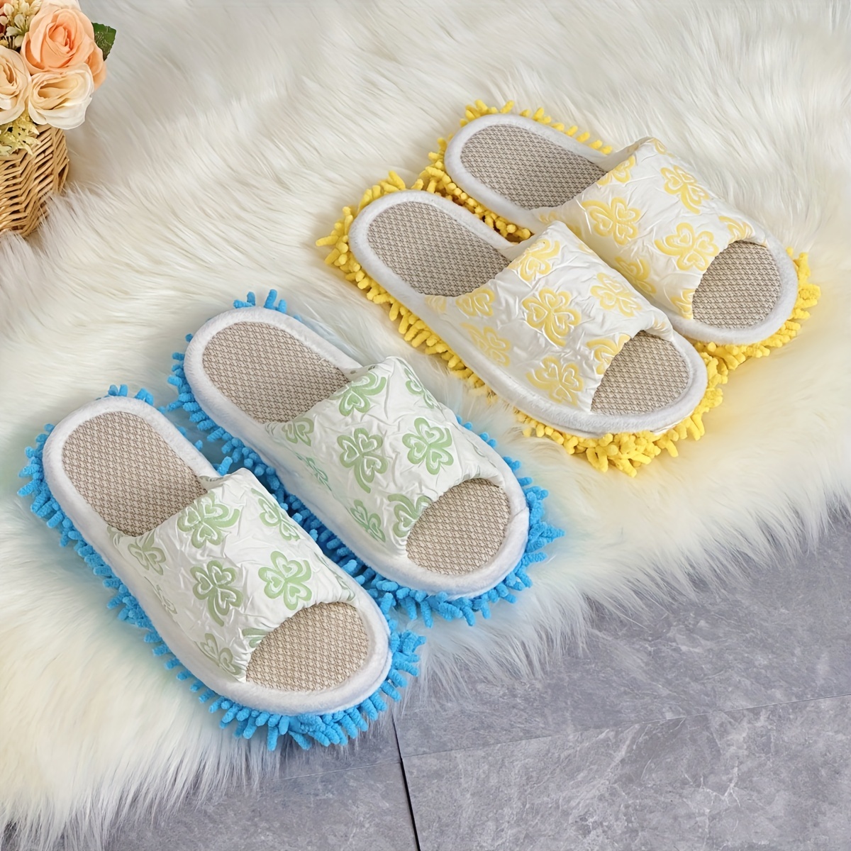 Flower Pattern Mop Slippers, Casual Slip On Linen Sole Shoes, Comfortable  Indoor Bedroom Slippers