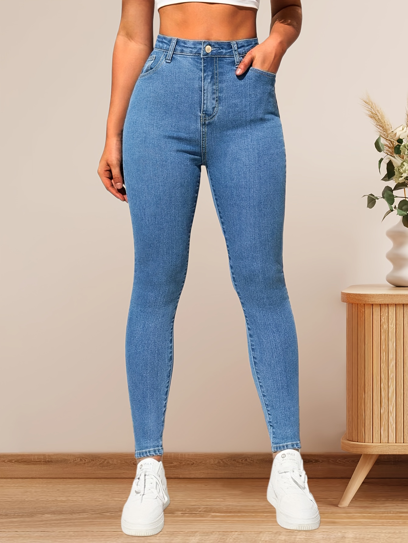 High Rolled Hem Skinny Jeans Light Blue Plain Design - Temu Canada