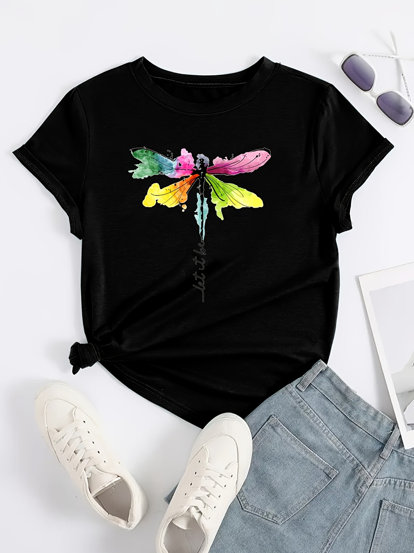 Dragonfly Print Crew Neck T shirt Casual Short Sleeve T - Temu