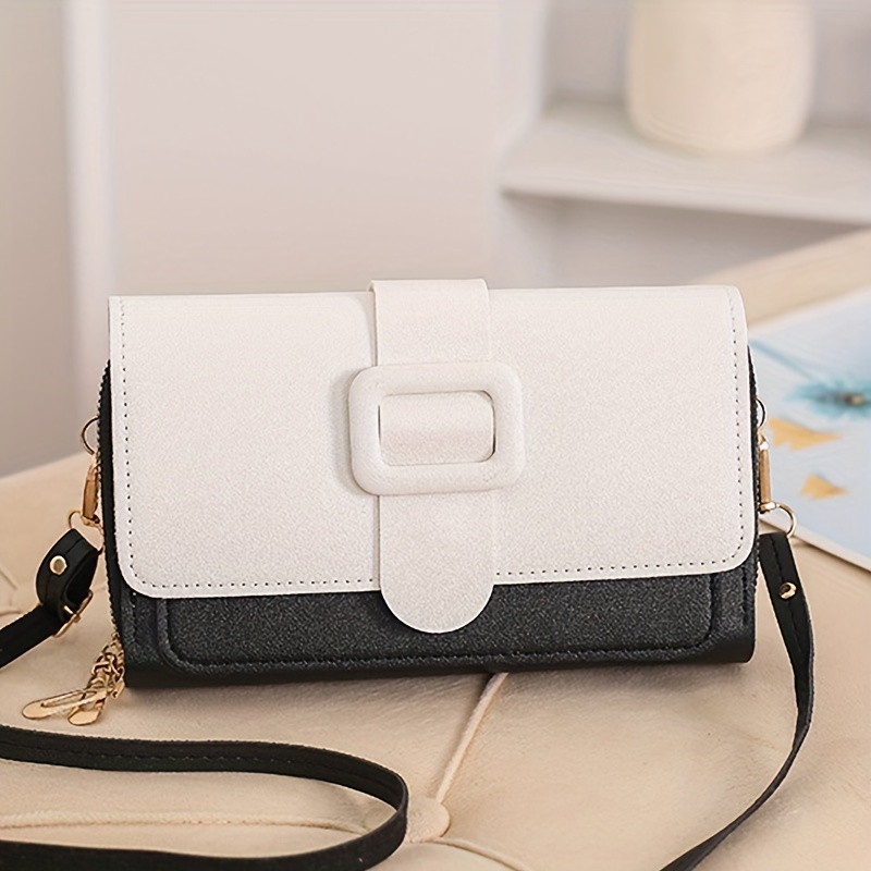 Colorblock Square Shoulder Bag Buckle Decor Purse With Detachable Strap