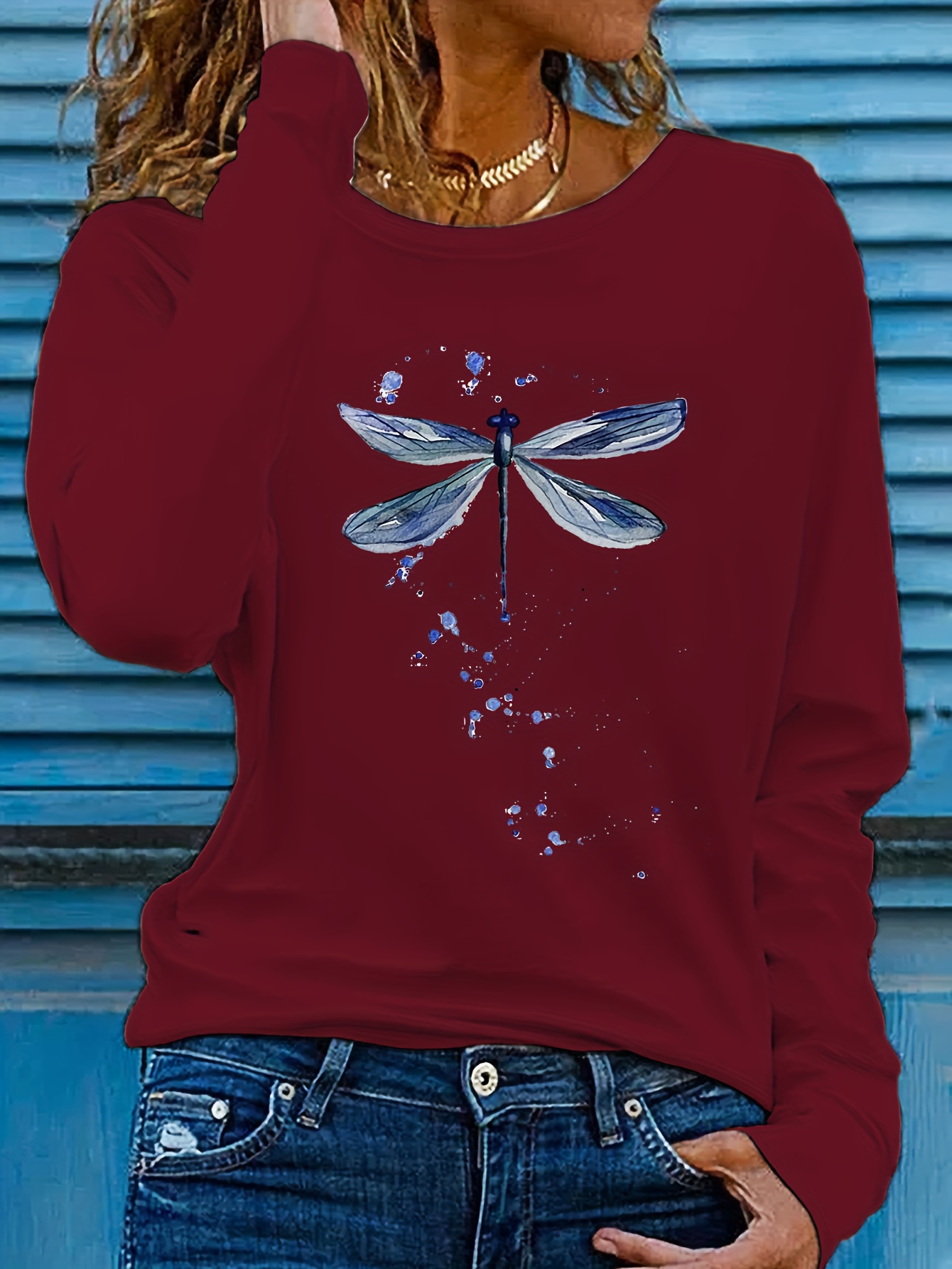 Dragonfly Print Crew Neck T shirt Casual Long Sleeve Top - Temu Australia